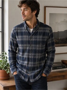 H&M L.O.G.G. Men’s Regular Blue Gray Plaid Flannel Button Down Shirt